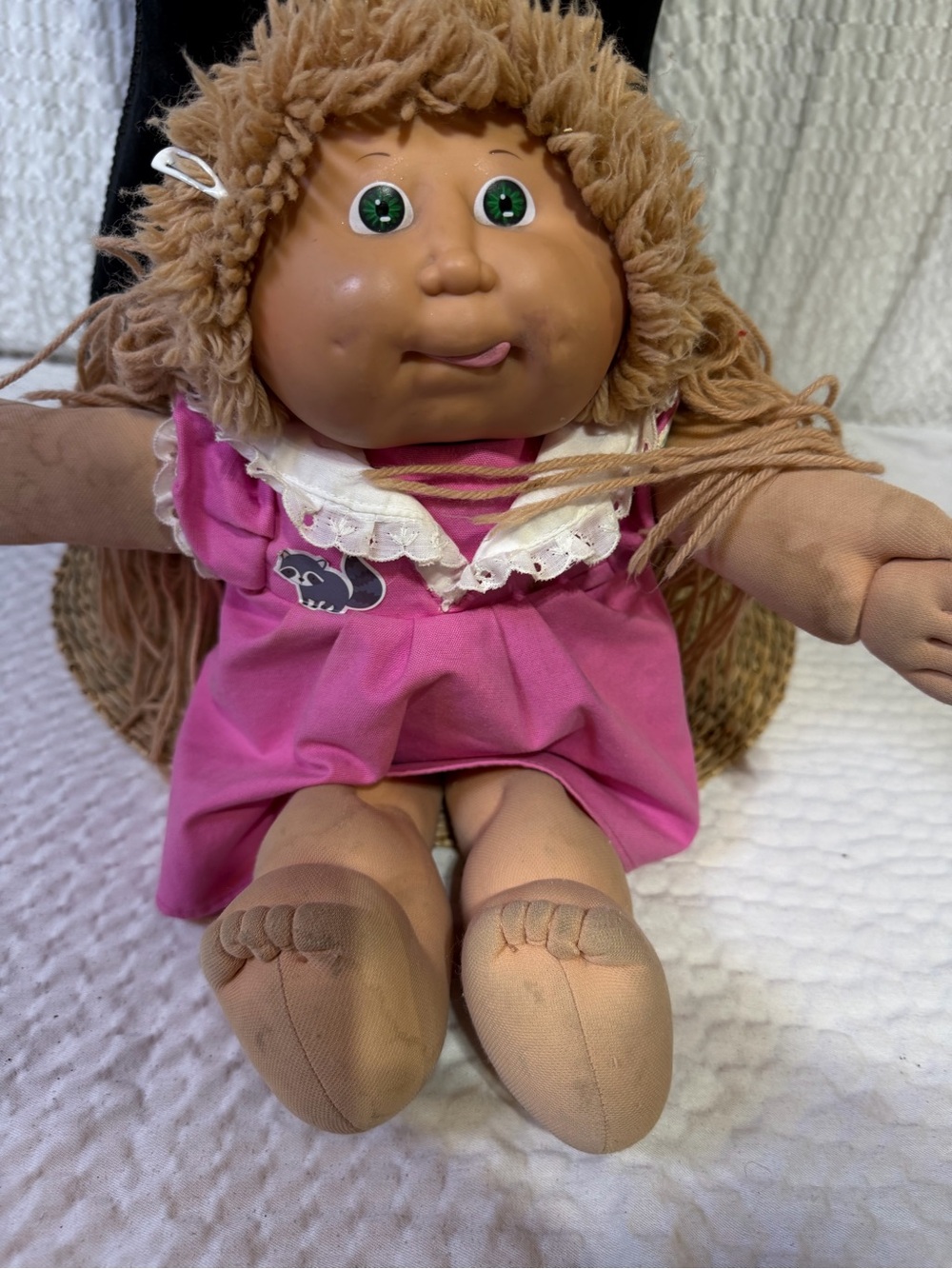 Pink Rag-Style Plush Doll with Yarn Hair